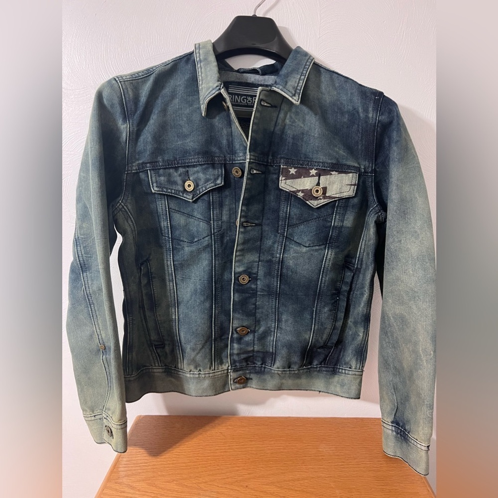 Ring Of Fire Jean Jacket Men Sz S Patriotic American Flag Button Up Denim Coat